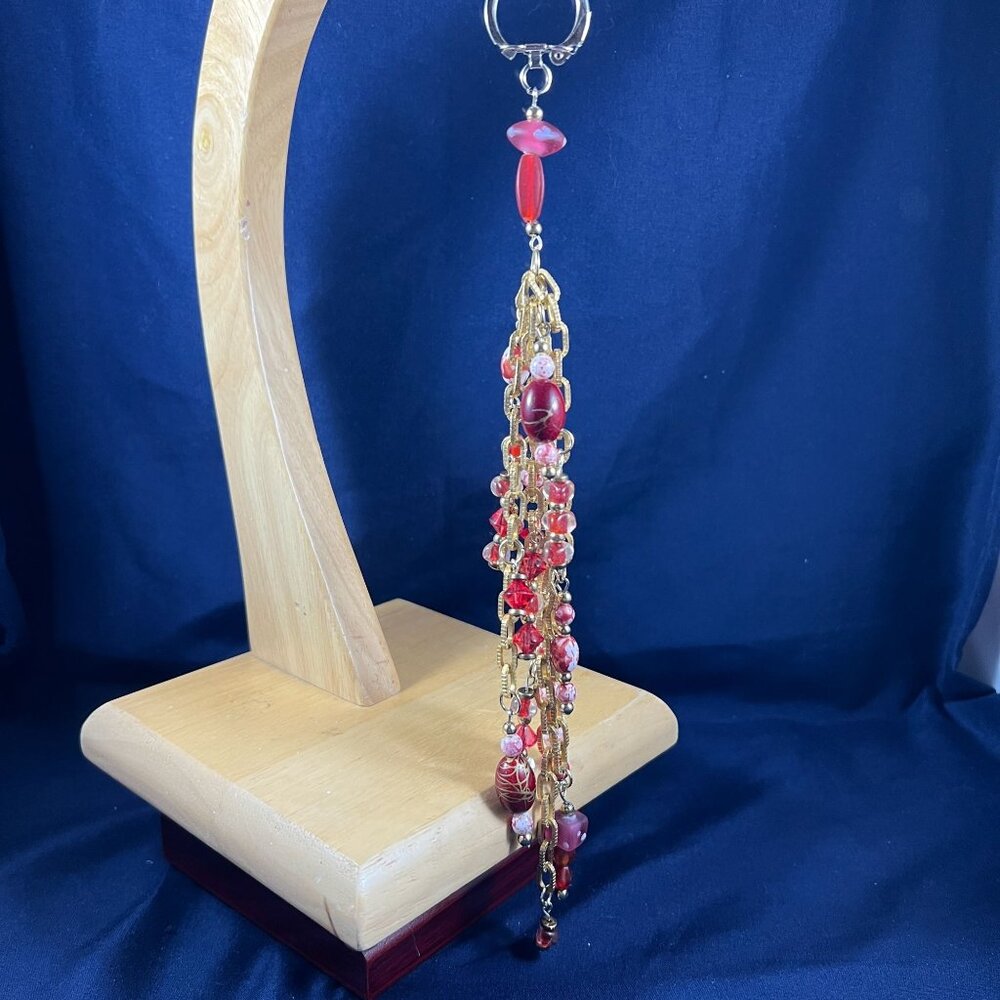 Artisan Red & Gold Beaded Bag Charm With Chain Tassel